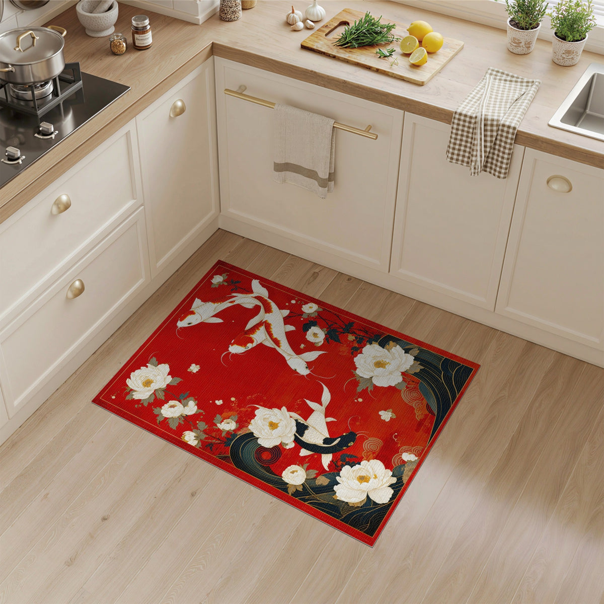 Red Koi Peony Floral Washable Area Rug
