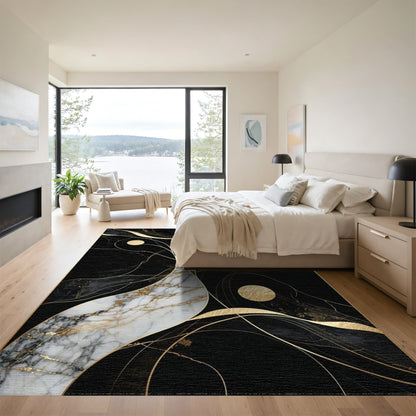 Abstract Black Gold Marble Swirl Rug