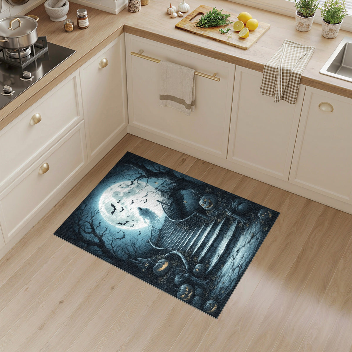 Ghostly Moonlit Staircase Halloween Rug
