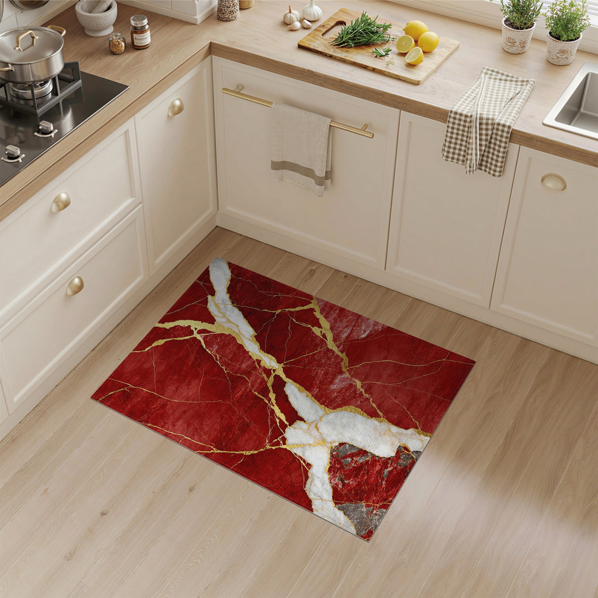 Red Marble Gold Vein Area Rug