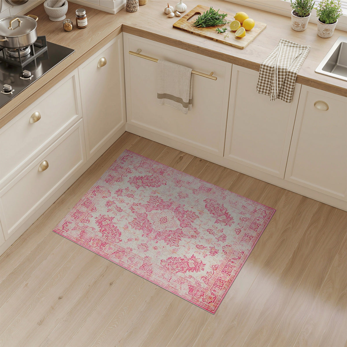 Distressed Vintage Pink Distressed Floral Area Rug