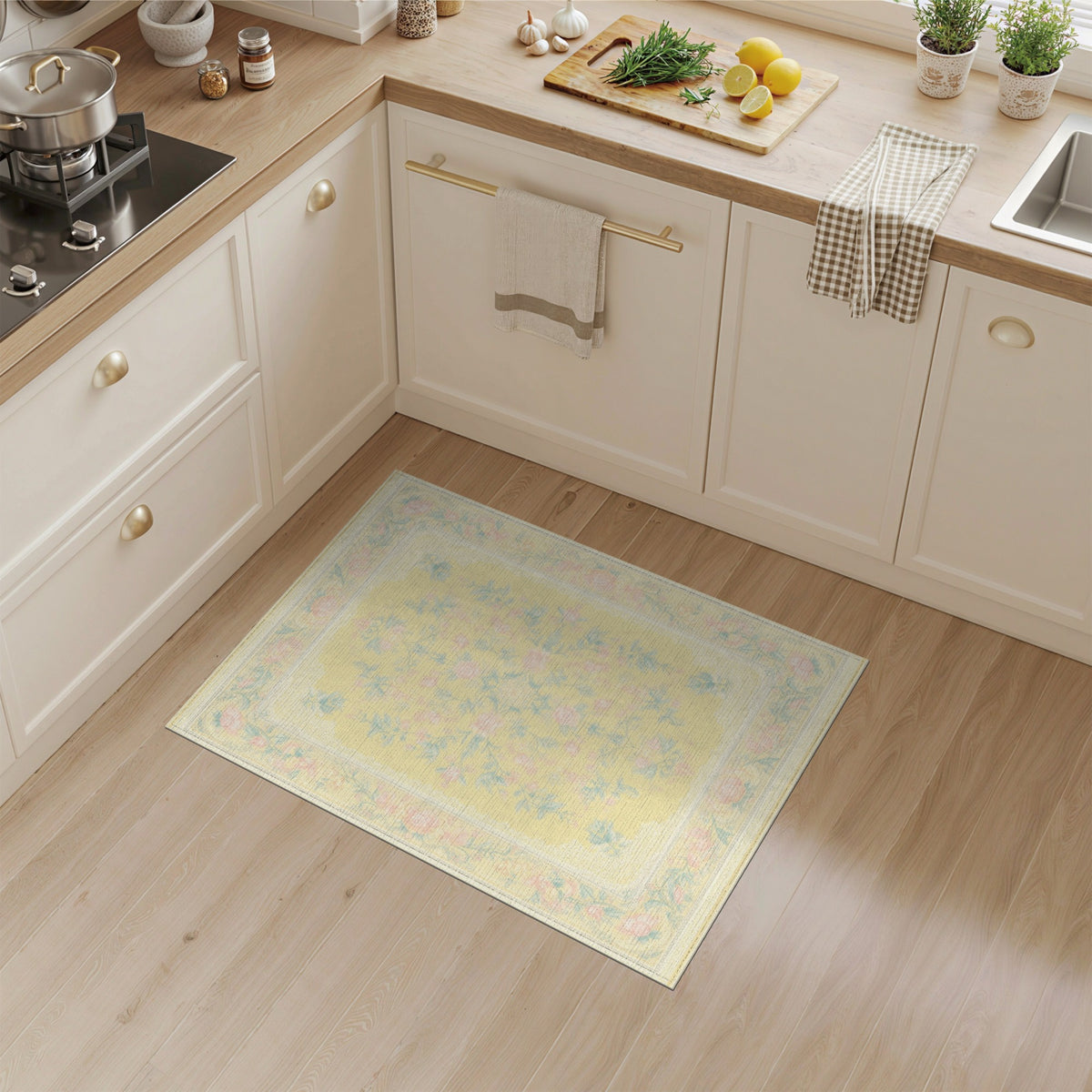 Pastel Yellow Rose Floral Vintage Area Rug