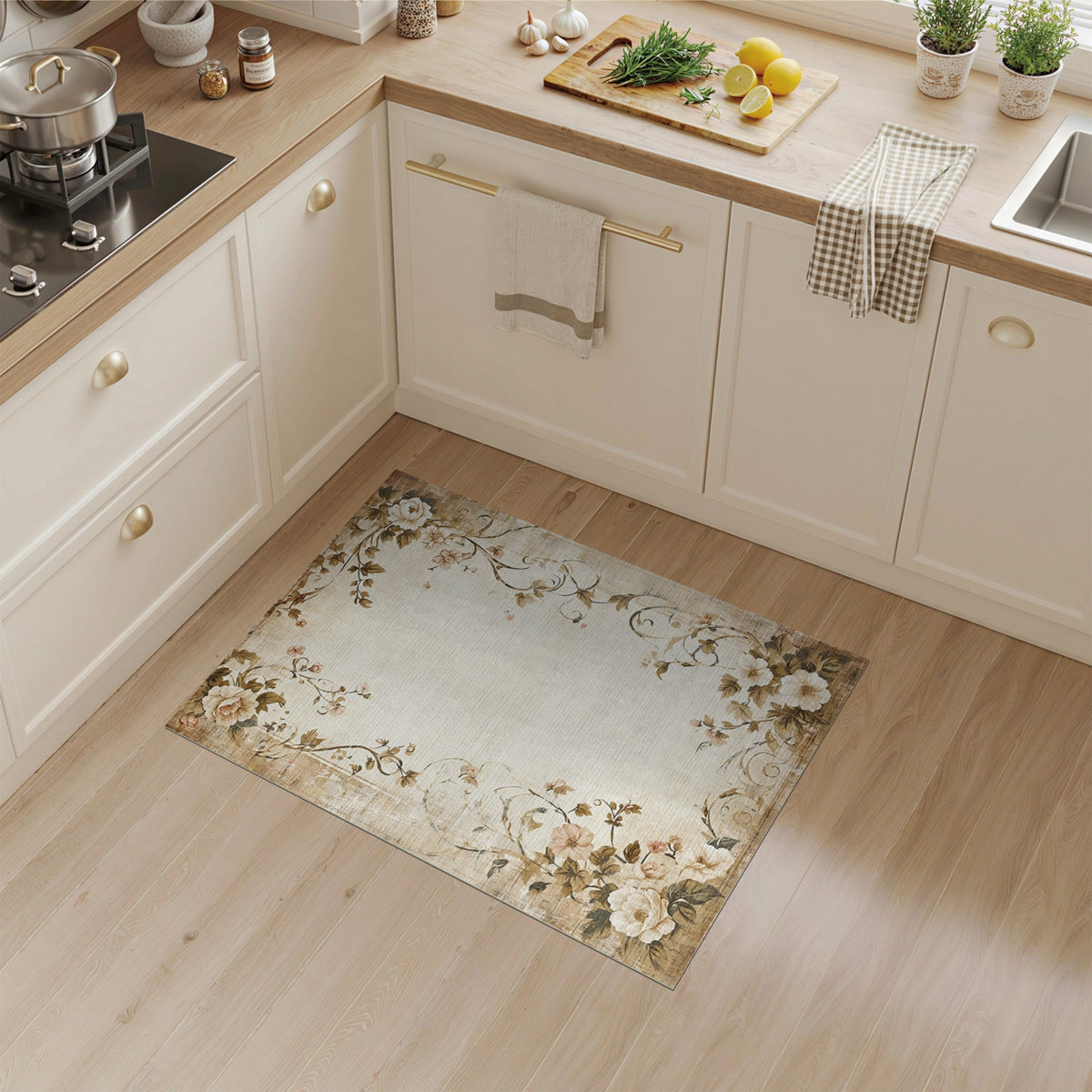 Vintage Beige Rose Floral Area Rug