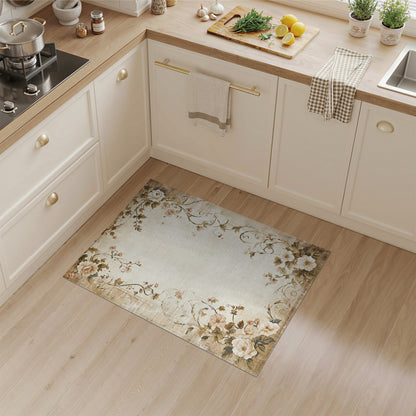 Vintage Beige Rose Floral Area Rug