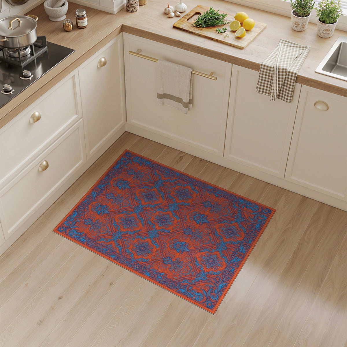 Orange Vibrant Orange Blue Persian Floral Area Rug