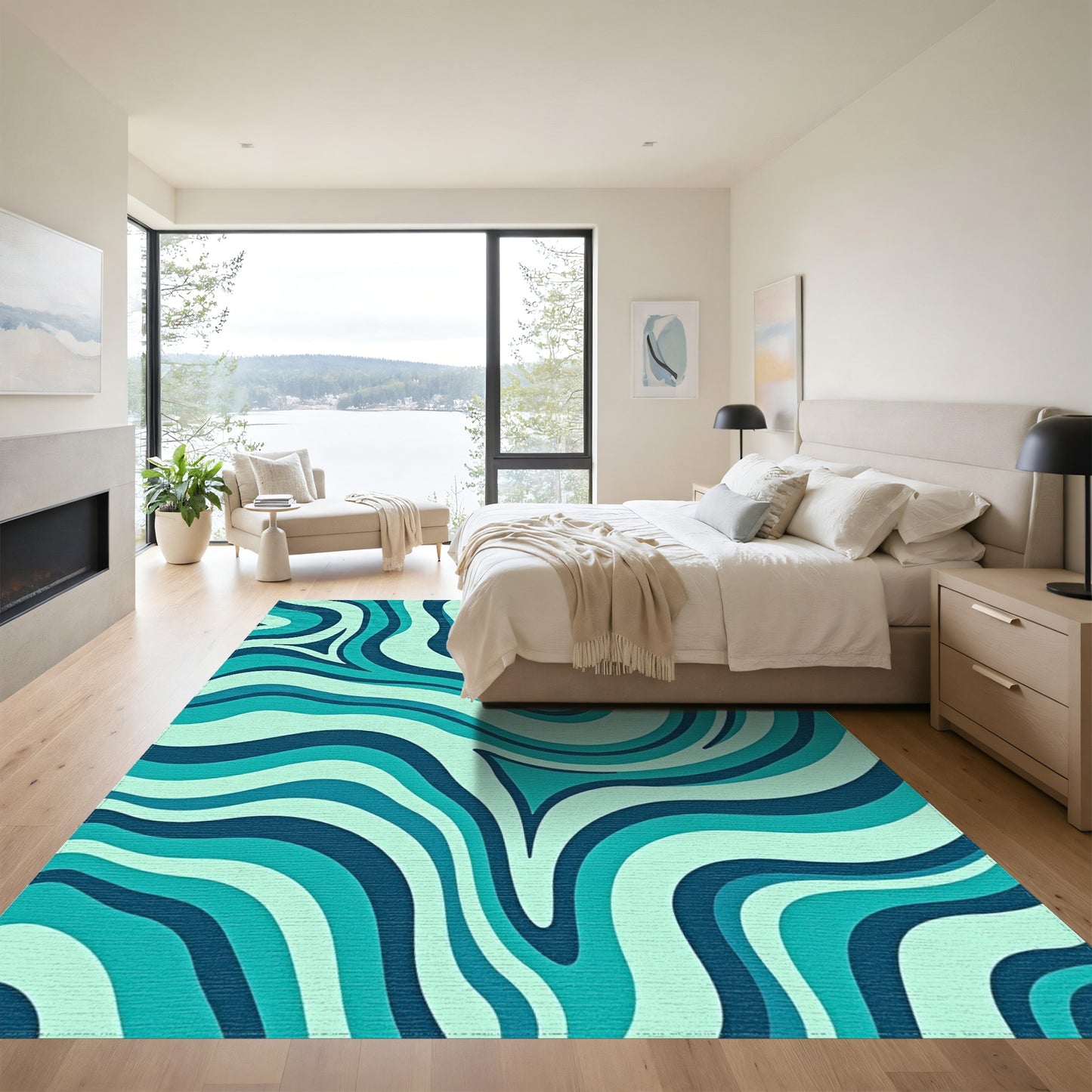 Teal Fluid Wave Abstract Rug