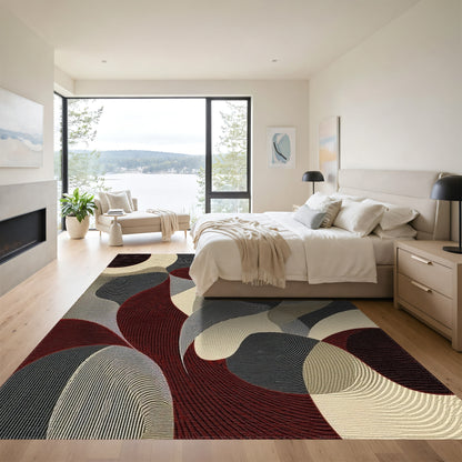 Burgundy Gray Wavy Curves Rug
