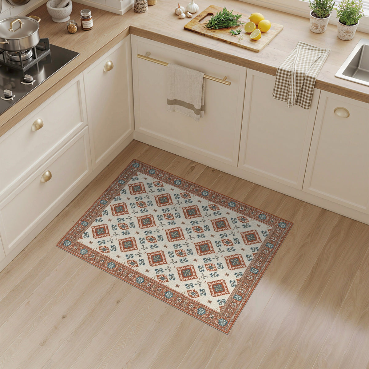 Beige Southwestern Area Rug with Red Teal Diamonds