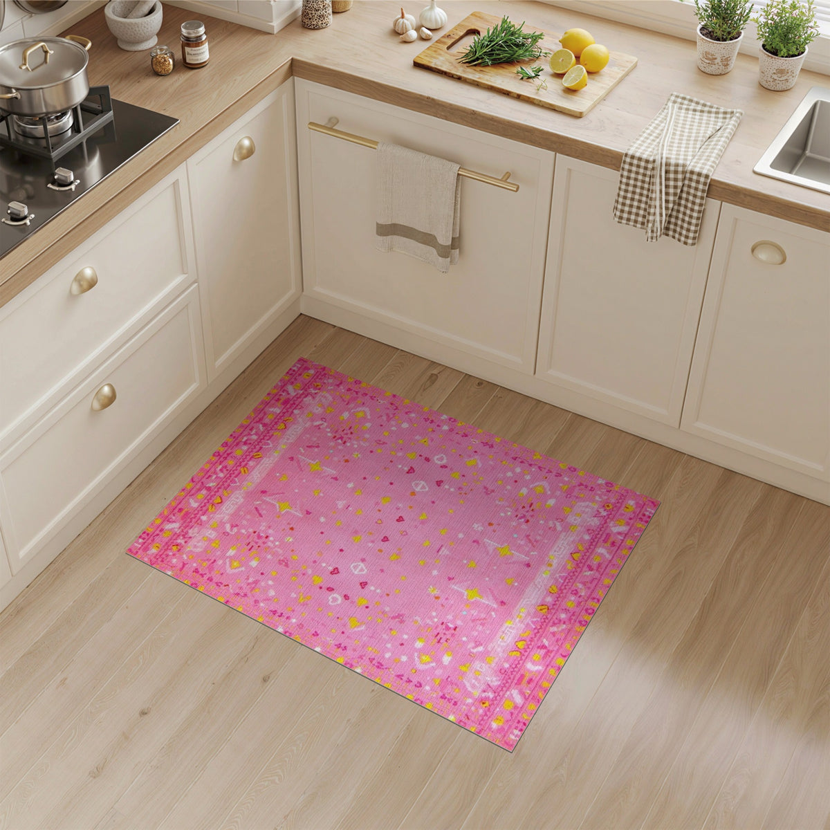 Pink Kids Area Rug with Hearts and Stars