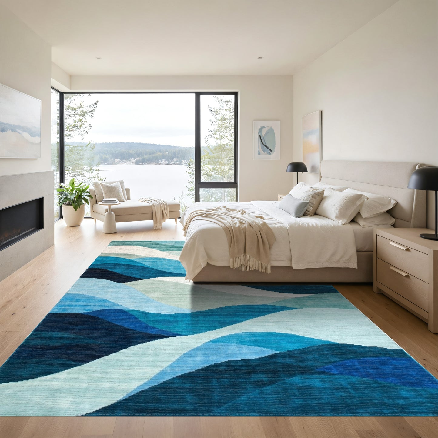 Teal Navy Layered Waves Rug
