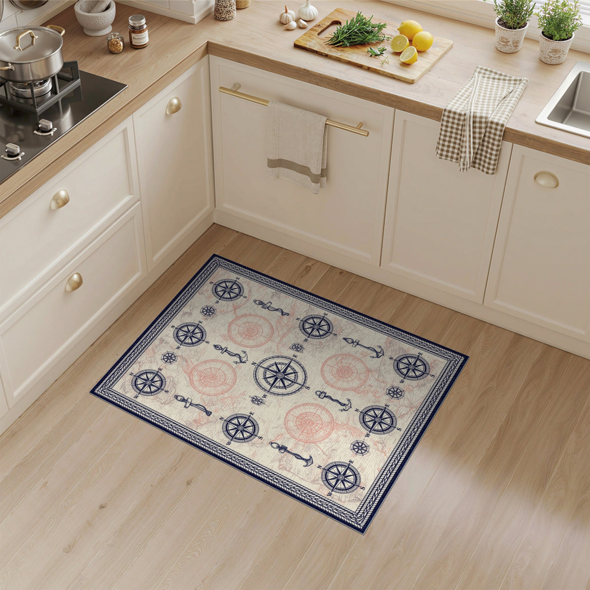 Distressed Vintage Blue and Teal Vintage Nautical Compass Area Rug
