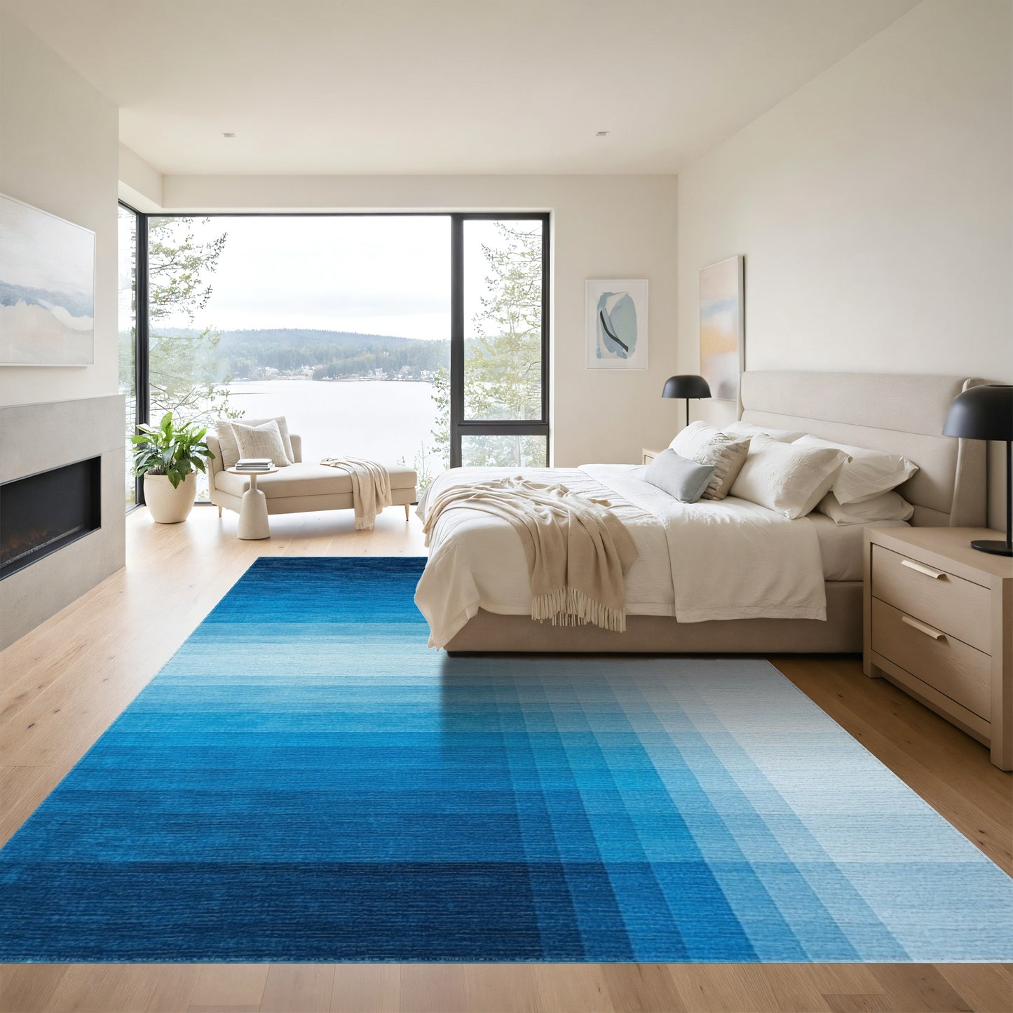 Navy White Ombre Grid Rug
