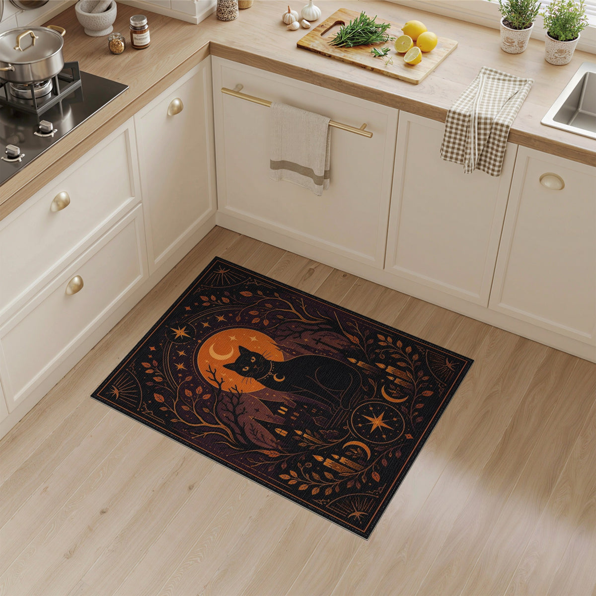 Black and White Mystical Black Cat Moon Area Rug