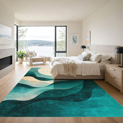 Teal Wavy Moon Abstract Rug