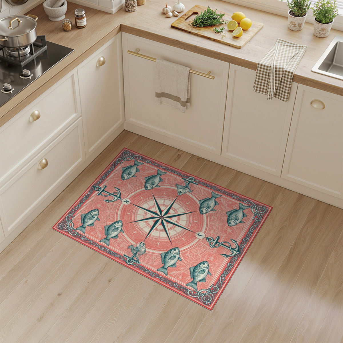 Coastal Beach Red Nautical Compass Anchor Area Rug