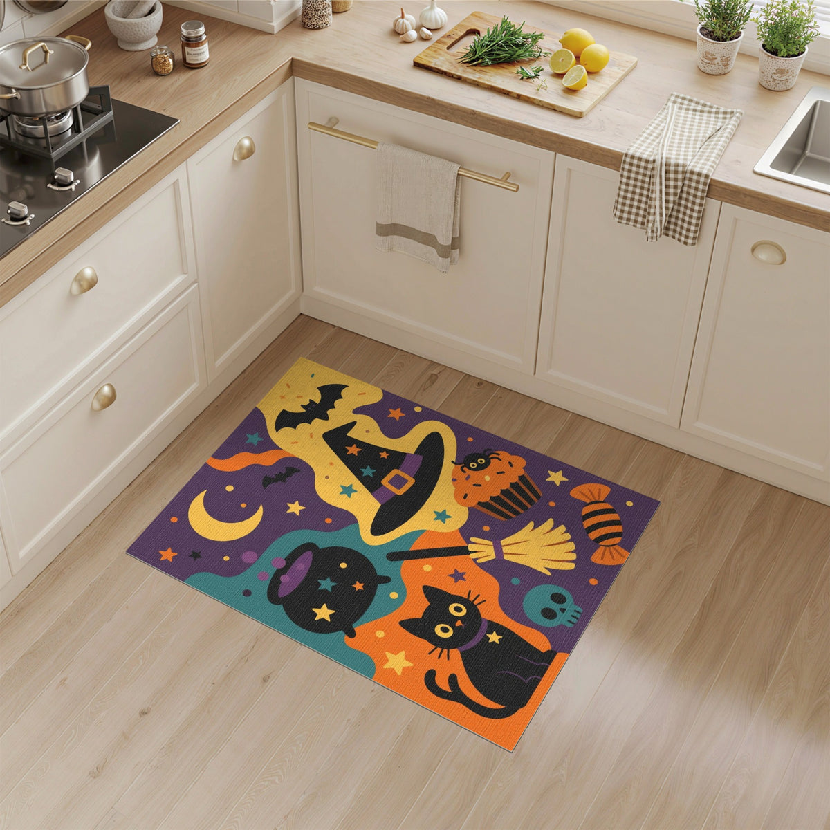 Halloween Black Cat Witch Hat Kids Cartoon Rug