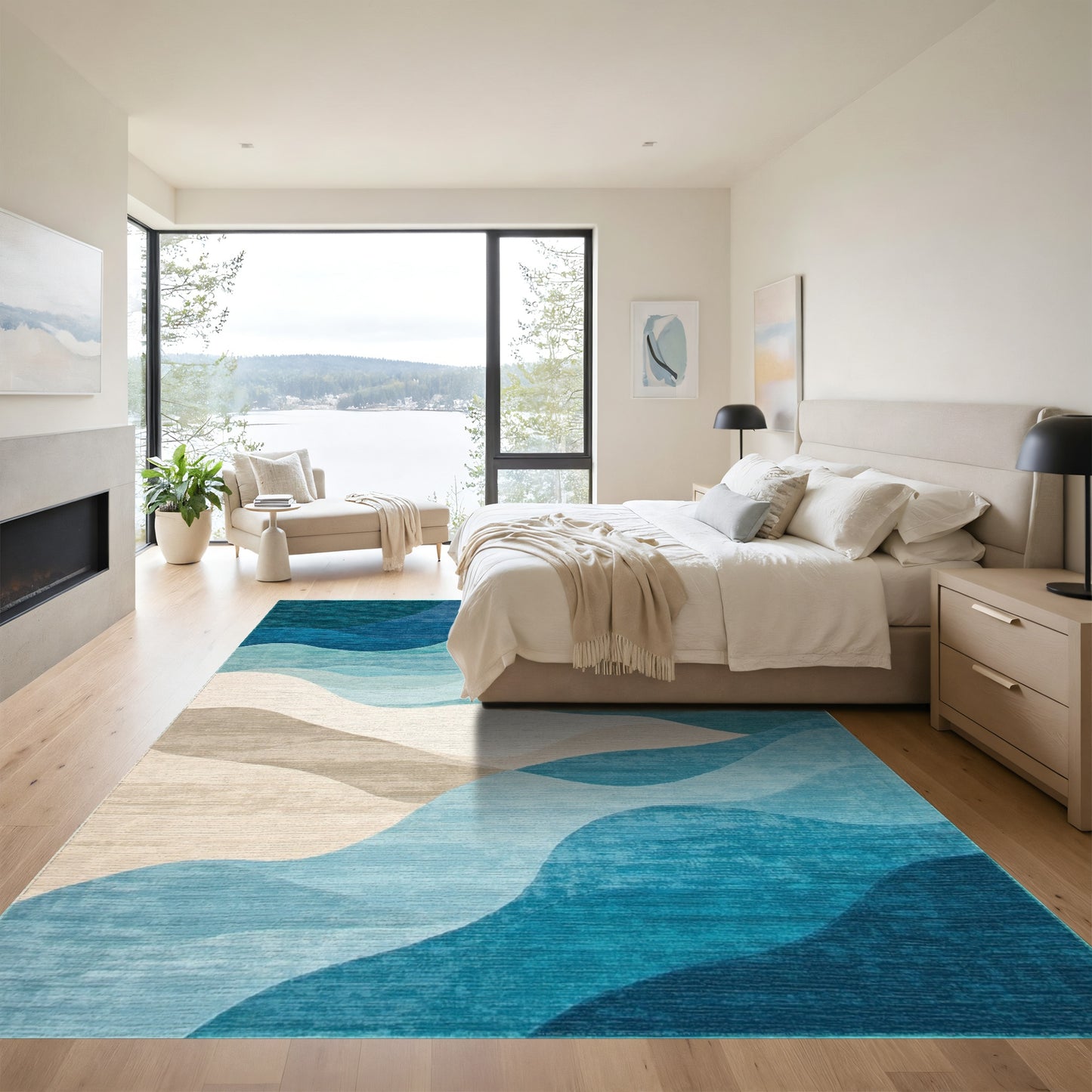 Teal Blue Layered Waves Rug