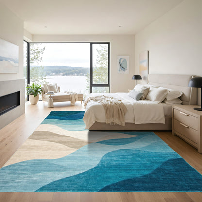 Teal Blue Layered Waves Rug
