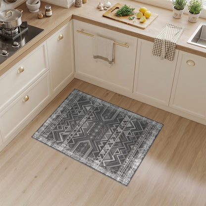 Distressed Black White Tribal Area Rug