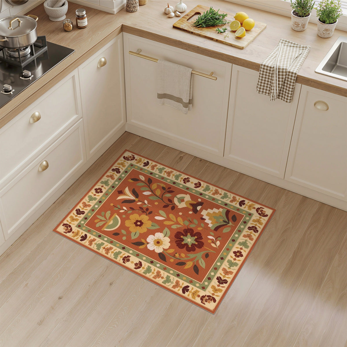 Orange Terracotta Floral Vintage Area Rug