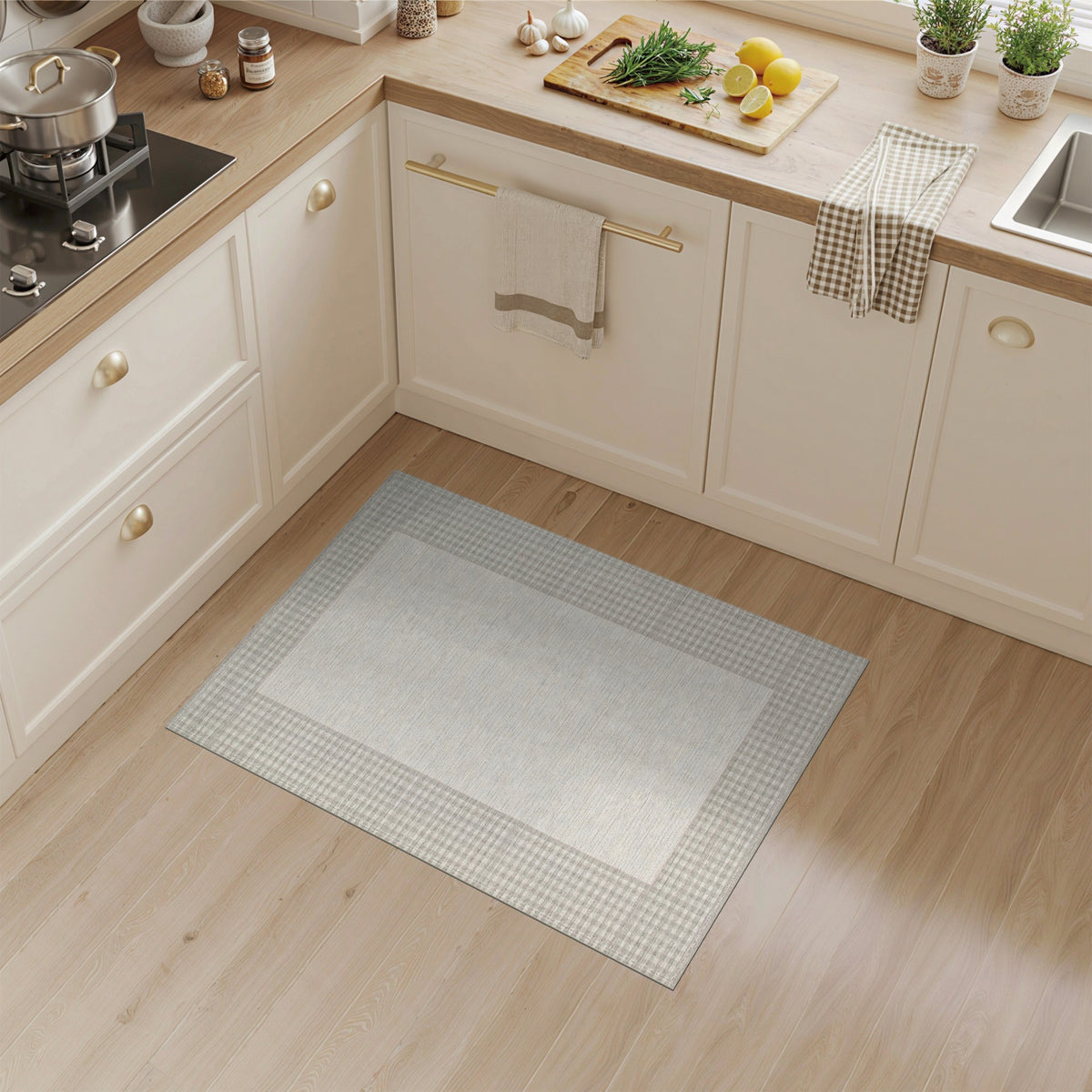 Beige Gingham Border Area Rug