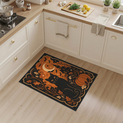 Distressed Vintage Orange Black Cat Pumpkin Halloween Area Rug