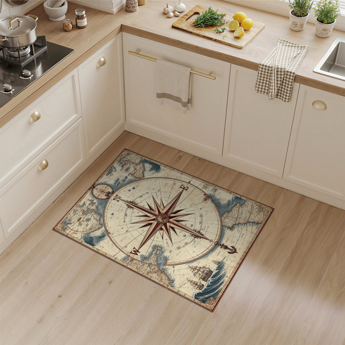 Brown and Tan Vintage Compass Map Area Rug