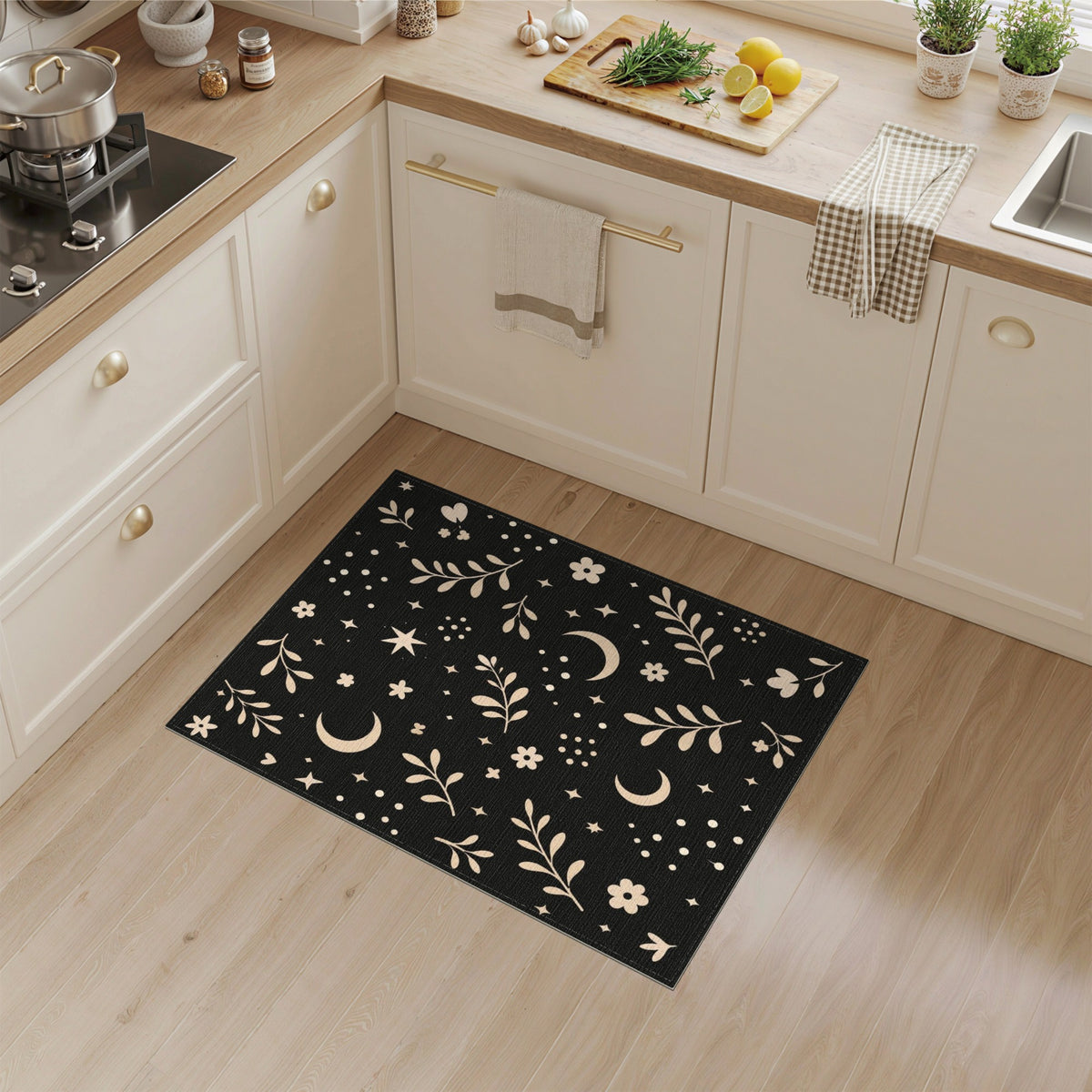 Boho Chic Celestial Floral Black Area Rug