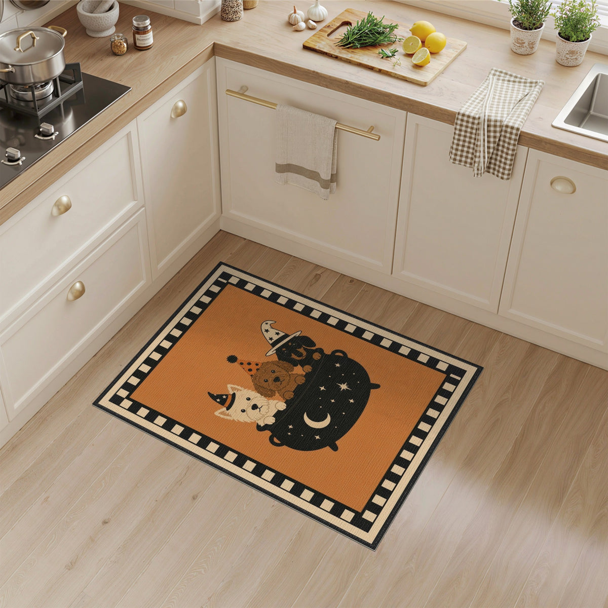 Dogs in Witch Hats Cauldron Halloween Area Rug