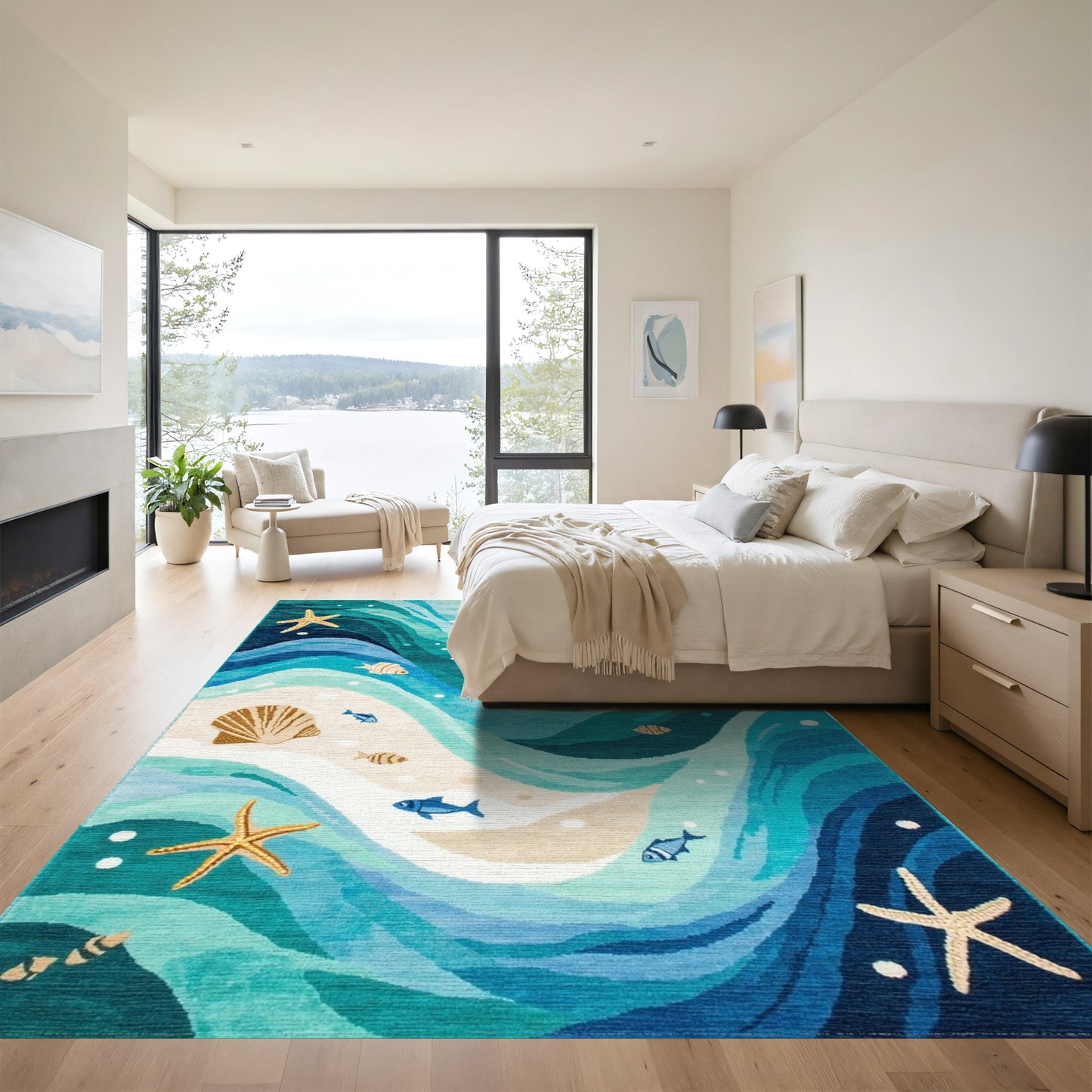 Teal Waves Starfish Seashell Beach Rug