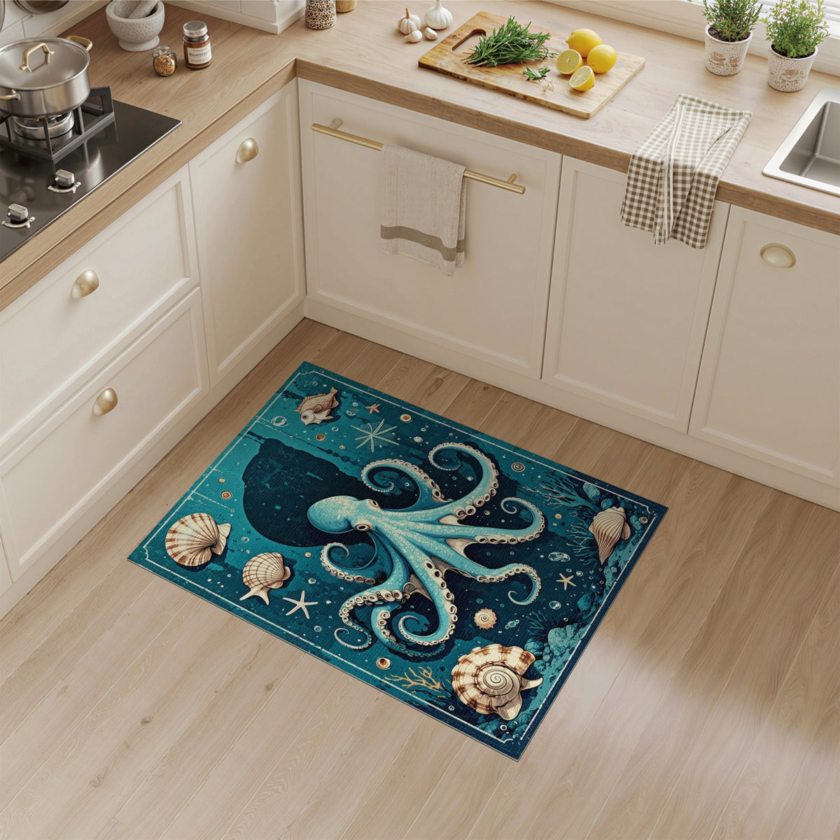 Coastal Beach Blue Octopus Coastal Area Rug