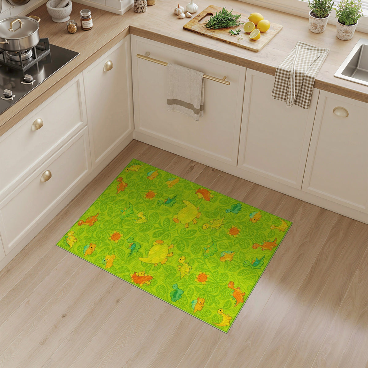 Green Dinosaur Kids Cartoon Washable Area Rug