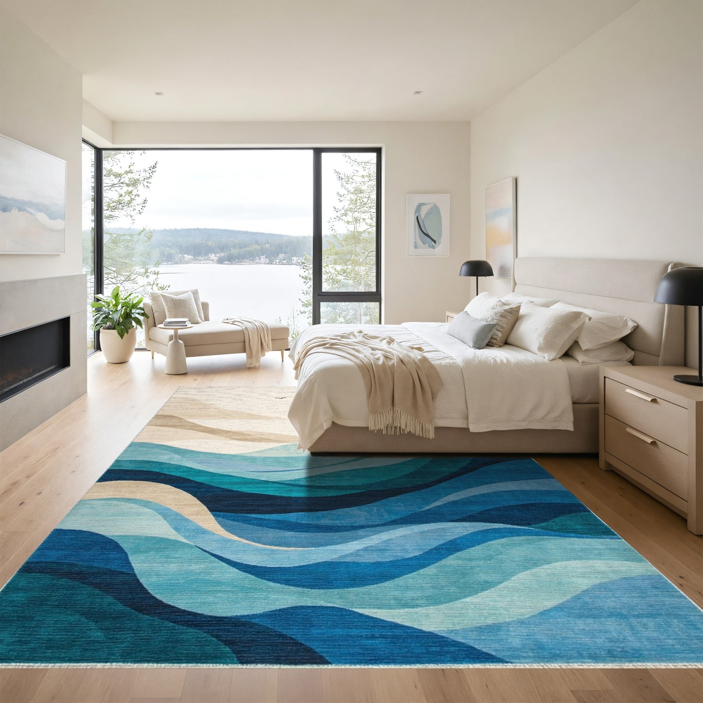 Abstract Teal Crashing Waves Rug