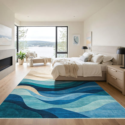 Abstract Teal Crashing Waves Rug