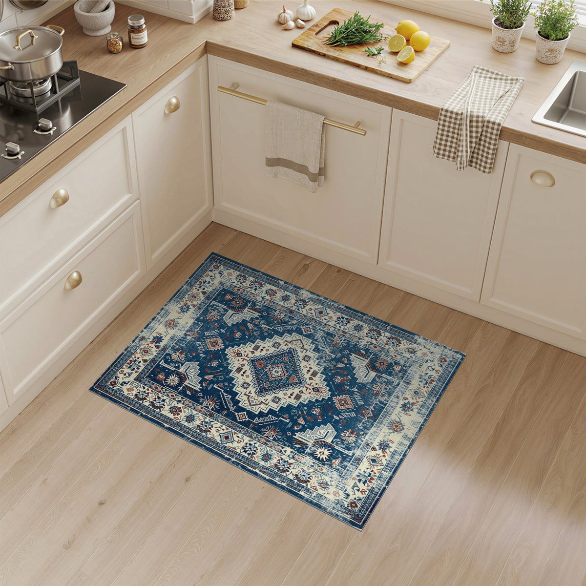 Blue and Teal Blue Distressed Tribal Area Rug