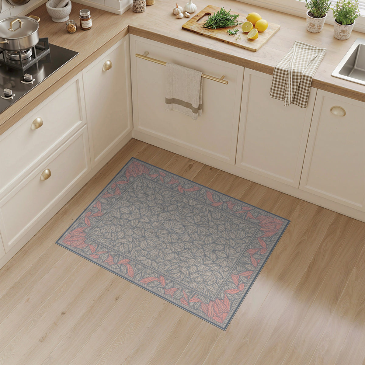 Grey Floral Leaf Medallion Area Rug