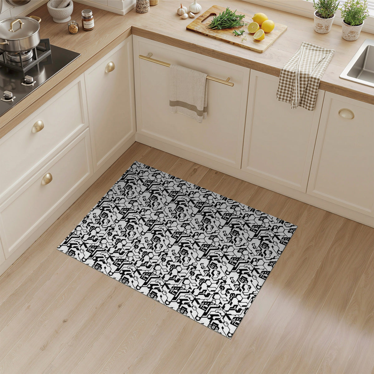 Black and White Black White Geometric Hexagon Area Rug