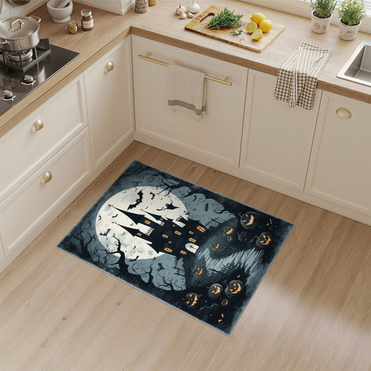 Black and White Haunted Castle Halloween Area Rug
