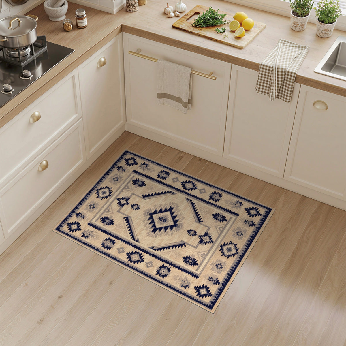 Beige and Neutral Navy Southwestern Geometric Area Rug