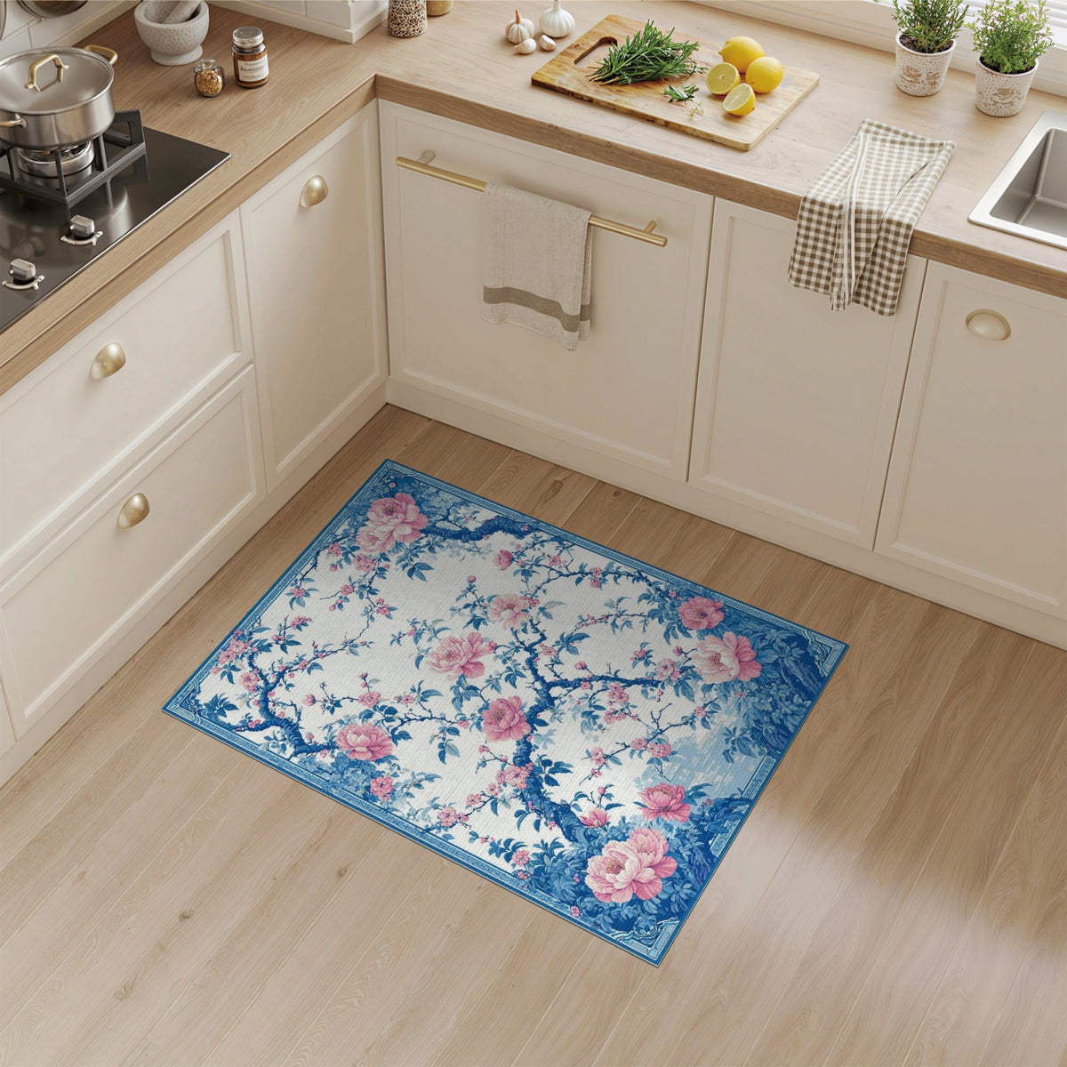 Blue Peony Floral Washable Area Rug