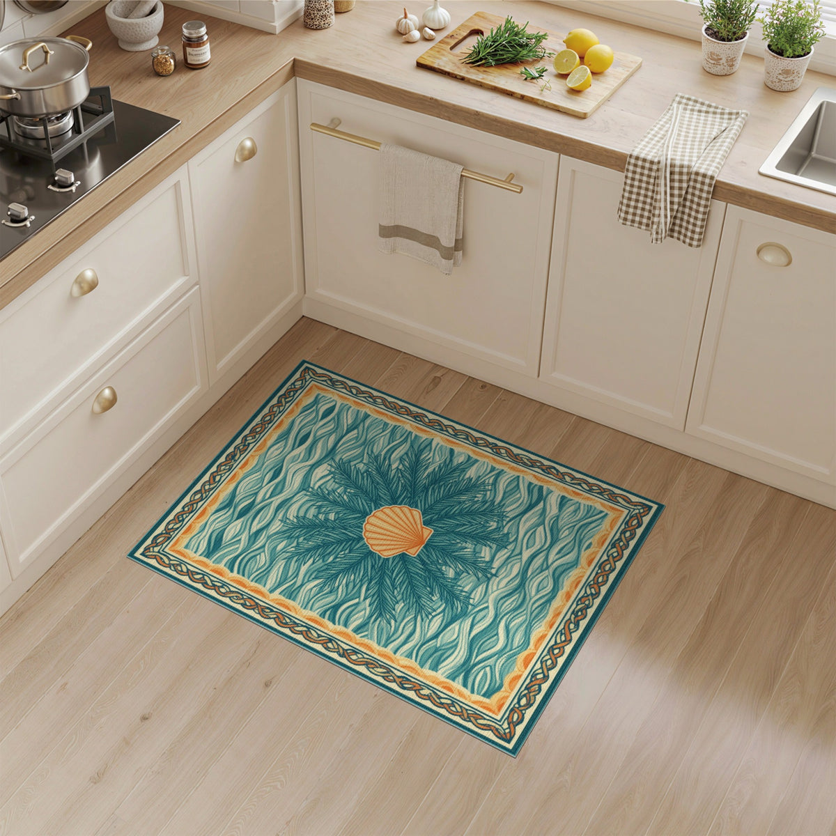 Blue and Teal Coastal Seashell Wave Area Rug