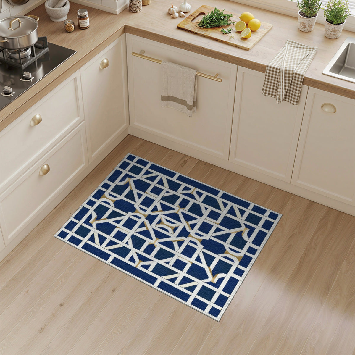 Navy Blue Geometric Lattice Blue and Teal Area Rug