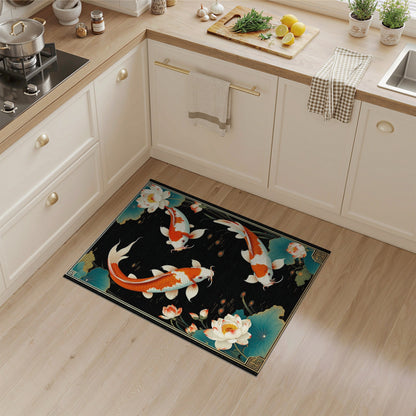Multi-color and Patterns Koi Fish Lotus Black Area Rug