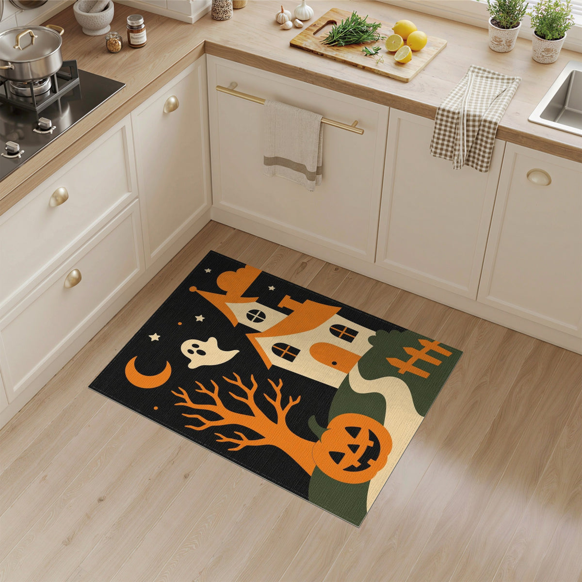 Halloween Haunted House Orange Kids Rug