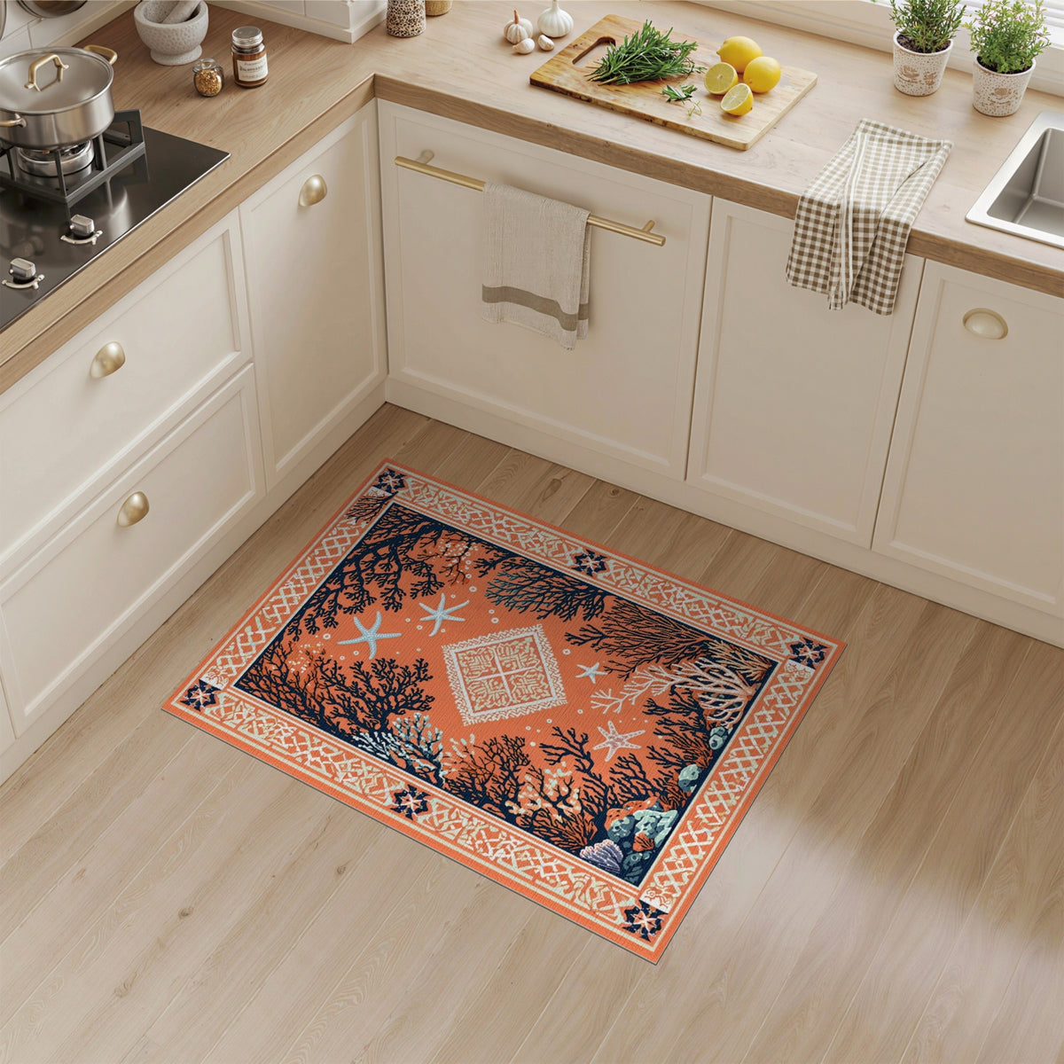Orange Coral Starfish Coastal Area Rug