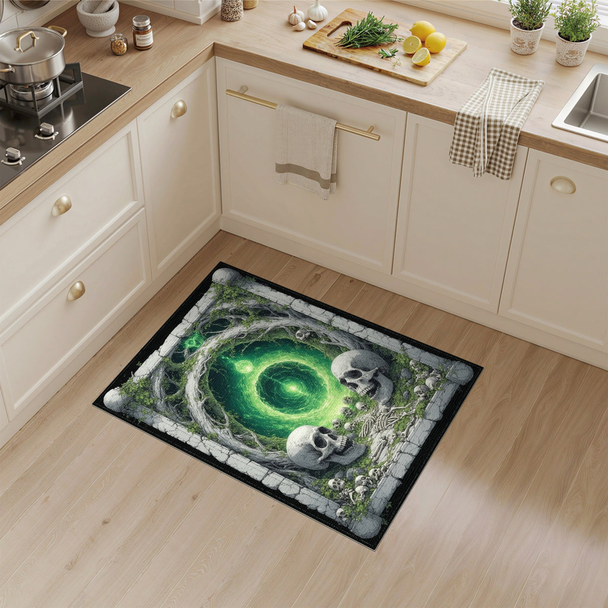 Green Skull Portal Abstract Area Rug
