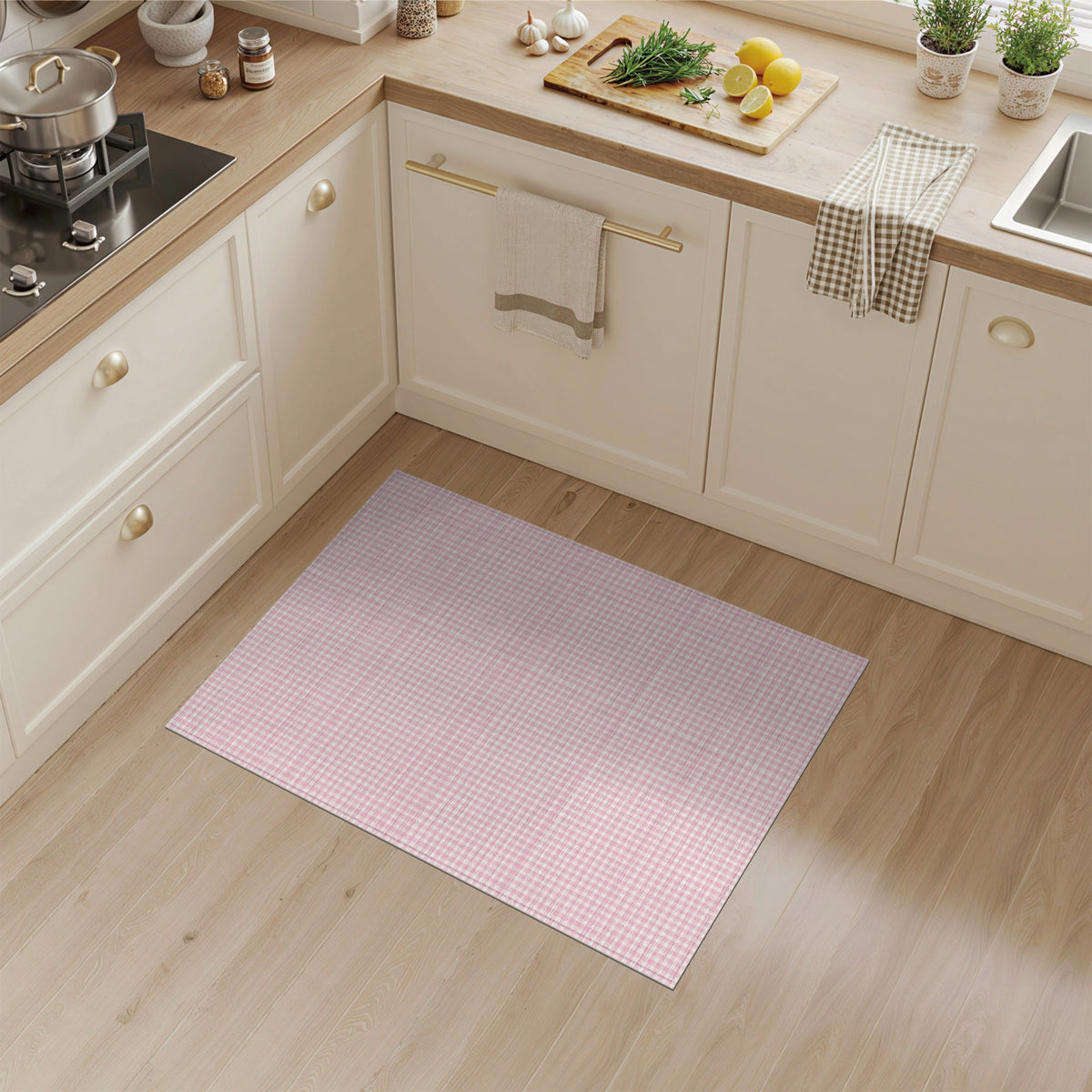 Pink Washable Pink Gingham Checkered Washable Area Rug