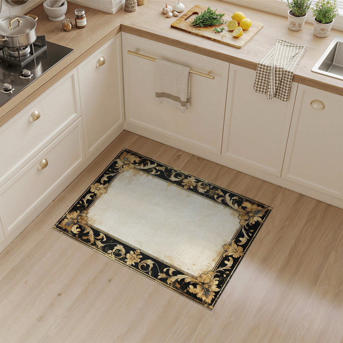 Distressed Vintage Gold Floral Area Rug