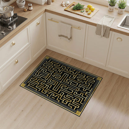Gold and Silver Black Gold Geometric Maze Area Rug
