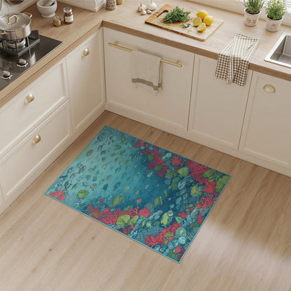 Blue and Teal Ocean Coral Reef Fish Area Rug